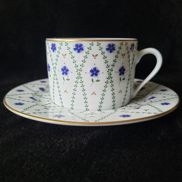 Philippe Deshoulieres Barbizon Flat Cup & Saucer Set With Blue Floral & Gold Acc - Picture 3 of 10